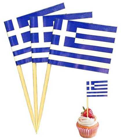 Lot de 100 cure-dents - Motif drapeau de la Grèce - Cadeau miniature - Décoration grecque - Mini drapeau - Pour fête dorée - Personnalisable - Pour décoration de fête