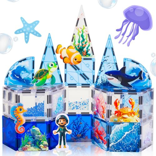 shinlecobe Marine Animal Theme Mini Magnetic Tiles for Kids Ages 4-8 included 6 Character Turtle Seahorse Shark Carb Clownfish Diver with Exquisite Pattern & Sequins Stem Sensory Toys for Toddlers 1-3