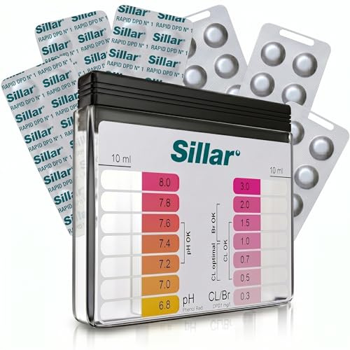 Sillar Tester Piscina pH y Cloro – Kit Análisis Agua con 60 Pastillas Test Phenol Red y DPD1 – Compartimentos Separados para Medición de Cloro y Acidez – Piscina, Spa y Jacuzzi