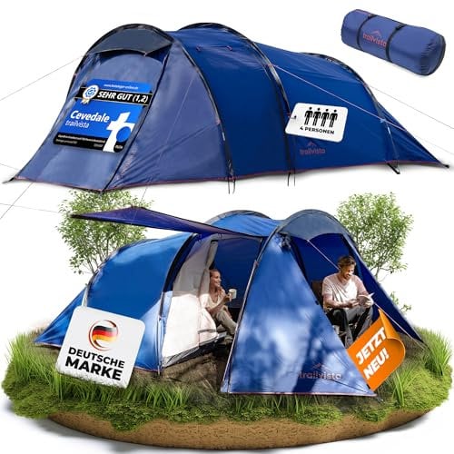 trailvista® Cevedale Zelt für 2 oder 4 Personen – wasserdichtes Tunnelzelt mit Vorzelt & Insektenschutz – leicht, kompakt & schnell aufbaubar – ideal für Trekking, Festival, Familie & Angeln