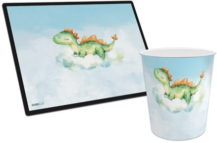 itenga Papierkorb mit Schreibunterlage mit Motiv im Set - Papierkorb für Kinder mit Motiv - rund ca. 11 Liter und passende Schreibtischunterlage (Motiv Dino)