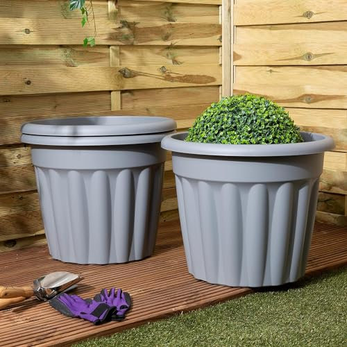 Eason Bros - 2x 50cm Plastic Planter, Round Garden Plant Pot, Large Floor Pot (50cm, 42L, Pack of 2), Durable & Sturdy Plastic Garden Pot for Indoor/Outdoor Use - Made in UK (Upcycle Grey)