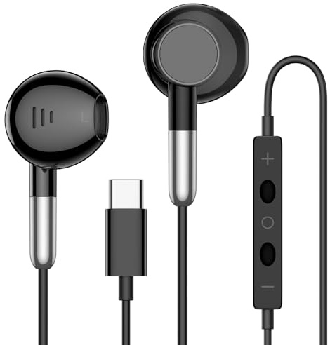 USB-C Wired Earphones for i-Phone 16 15 Pro Max Plus,HiFi Stereo Noise Reducing In-Ear Type-C Headphones with Mic & Volume Control for S-amsung Galaxy S24/S23/S22/S21 FE,i-Pad Pro,h-uawei,Pixel- Black