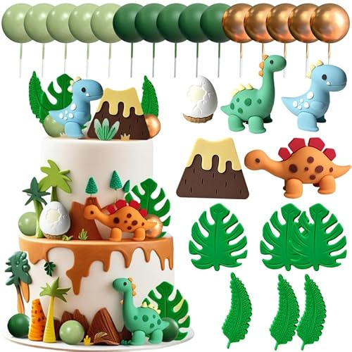 Luxury Little Dinosaur Cake Decorations Dinosaur Cupcake Topper | Green Rex Three Dino Cake Toppers for Birthday Baby Shower Party Supplies