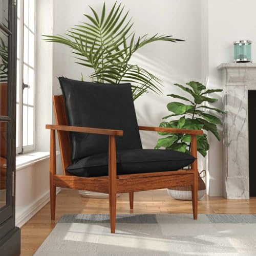 ZQQLVOO Sessel Schwarz Echtleder und Massivholz Akazie ohrensessel mit hocker Chair for Schlafzimmer Balkon