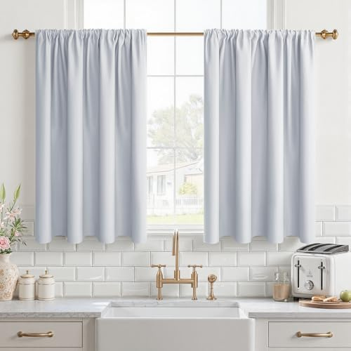 CUTEWIND Rideaux Occultants Courts Thermique Isolant Anti Froid pour Petite Fenetre Passe Tringle Rideau Court de Cuisine Moderne sous Évier pour Meuble Bas Placard, 60x90 cm, Blanc Gris, Lot de 2