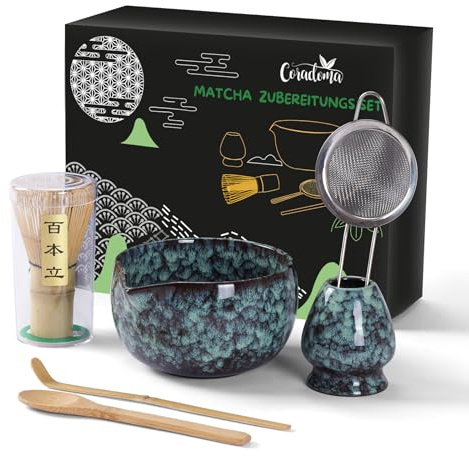 Coradoma Matcha Tee Set – Japanisches Ceremonial Matcha Zubereitungsset | mit Bambus Chasen, Chashaku Löffel, Schale | Premium Geschenkset – Japanisch Traditionell für Teezeremonie (Smaragdgrün)