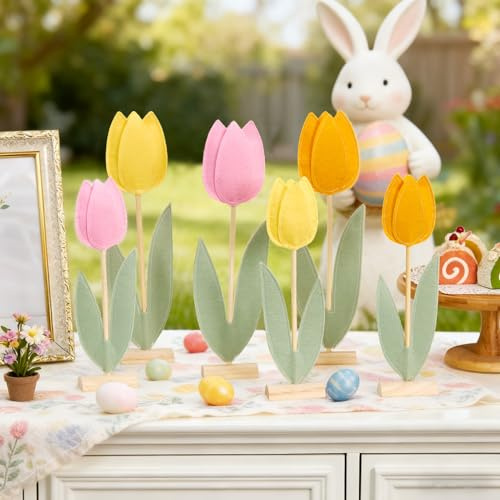 SUNBEAUTY 6 Stück Tulpen Filz Centerpieces Tische Rosa Orange Blume Dekoration für Tische Blume Geburtstag Party Dekorationen Gänseblümchen Dekorationen für Mädchen Geburtstag Baby Shower Hochzeit