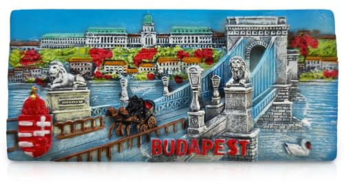Budapest Hungary 3D Fridge Magnet Souvenir Collectible Featuring Chain Bridge, Buda Castle & “Budapest” Label Travel Gift (11×4.7×2 cm)
