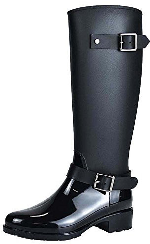 Jamron Donne Elegante Neve Pioggia Festival Alti Talloni Regolabile Cinturino in Fibbia Alto Ginocchio Zip Stivali di Gomma Nero SN02006 EU36