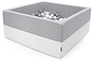 Cristal Luxus Bällebad Bällepool Kunstleder Bällebecken Spielbälle Kugelbad Bällchenbad Spielbecken Ball Bällepool 200 Bälle 7 cm TÜV Zertifiziert (Hellgrau-Weiss - Quadrat)
