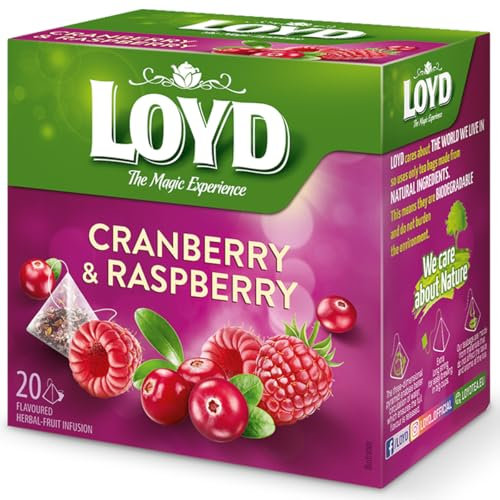 LOYD - Früchtetee Cranberry and Raspberry - 20 Pyramidenbeutel - Aromatische Früchteteemischung mit Preiselbeerfrucht, Himbeerfrucht, Brombeerblätter - Süß und Intensiver Geschmack - 40g