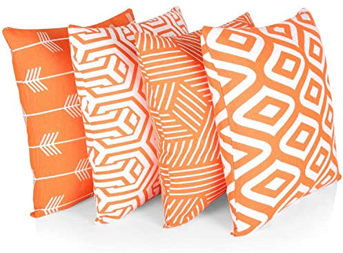 Penguin Home 4Er - Pack Dekorative Quadratische Kissen Aus Baumwolle, Luxuriöse, Stilvolle Für Wohnzimmer, Sofa, Schlafzimmer, Mit Unsichtbarem Reißverschluss, 45X45 cm (18), Orange/Weiß Mischen
