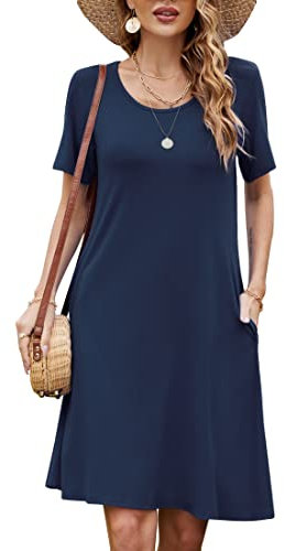 Damen Sommer Tshirt Kleid Locker Rundhals Kurzarm Midi Kleider Elegant Blumen Sommerkleid Knielang Strandkleid Lässig Midikleid Freizeitkleid mit Taschen, A Marineblau, XXL