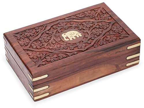 Ajuny Boîte à Bijoux en Bois Fabriquée à la Main Motif éléphant Solide Multifonction Organisateur de Rangement de Souvenirs Coffre au Trésor Porte Bijoux Décoratif Vintage Cadeaux 8x5 pouces