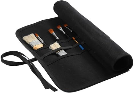 Kaaltisy Art Paintbrush Roll, 16OZ Waxed Canvas Paint Brush Storage Roll, Portable Retro Brush Holder with 22 Slots & Tie Rope - Black - 40 x 35cm