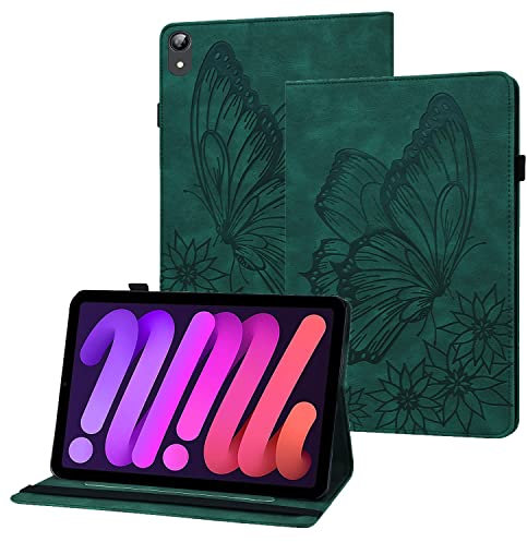 Rostsant Funda iPad Mini 2021 Carcasa de Cuero PU Relieve de Mariposa con Soporte para Bolígrafo Funda Tableta para iPad Mini 6ª Generación 2021 8.3 Pulgada A2568 - Verde Oscuro