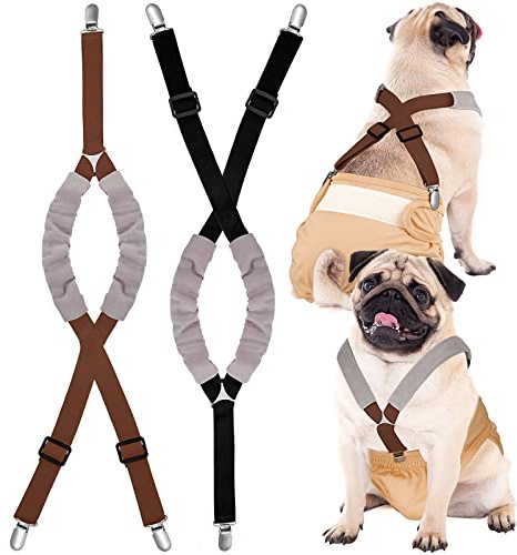 Saintrygo 2 Pcs Dog Suspenders for Diapers Female Male Belly Bands Canine Harness Keep Diaper on Your Pet for Small Medium and Large Dogs(Black, Brown,Small)