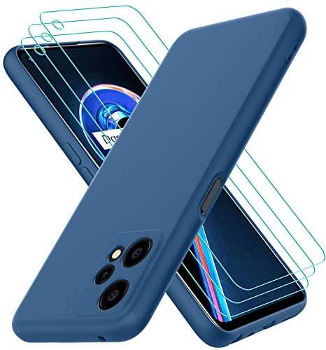 Oureidoo Funda para Realme 9 5G / Realme 9 Pro 5G con 3 Unidades Cristal Templado, Carcasa de Sedoso-Tacto Suave Silicona, Cubierta a Prueba de Golpes con Forro de Microfibra, Azul