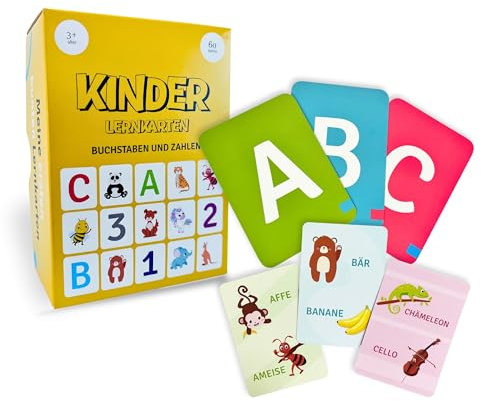 Fasonak ABC & 123 Lernkarten - 60 Karten zum Buchstaben Lernen, komplettes deutsches Alphabet & Zahlen 1-12 mit Bonus-Spielideen, Montessori Flashcards ab 3 Jahren für Vorschule & Kindergarten