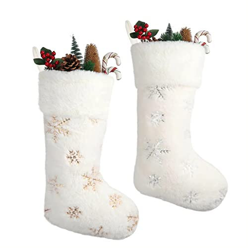 CHAMEEN Plüsch Nikolausstrumpf, Fell Nikolausstiefel zum Befüllen und Aufhängen, Großer Weihnachtsstrumpf Kamin, 2er Set Nikolaussocke Gefüllt als Weihnachtsgeschenktasche