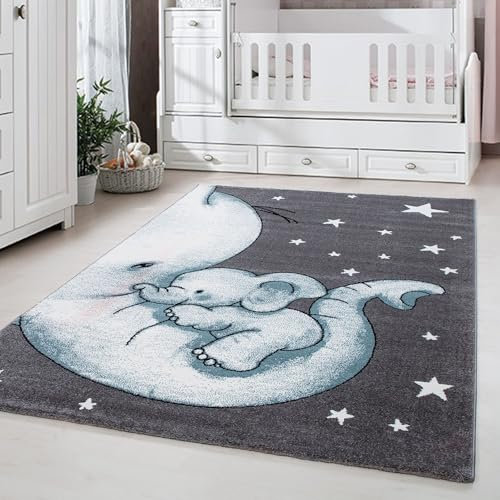 Carpetsale24 Kinderteppich Tiermotiv Elefant Blau 160x230 cm – Teppich mit Sternen für Jungs & Mädchen – Allergikergeeignet & Verspielt