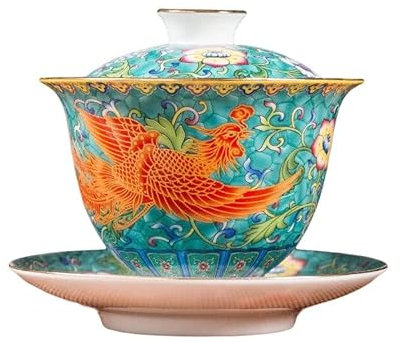 HonHeam Phoenix Weiß Porzellan Gaiwan, Chinesisch geprägter Drachen-Stil Weiß Ceamic Gaiwan, Kung Fu Teeschale Traditionelle Teetasse (Blue Phoenix)