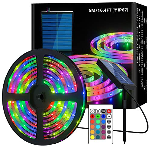 Lumtang Solar LED RGB Strip Outdoor, 32.8ft/10m SMD 5050 LED Lights Solar Powered Color Changing LED Strip, IP67 Waterproof Decorative Fairy Lights for Yard Trees Garden