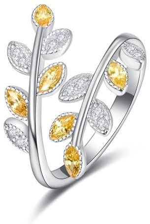 praymos 925 Sterling Silver Dainty Leaf Rings Rainbow Adjustable Open Ring for Women Cubic Zirconia Tree Jewelry Gifts for Women (C03-Yellow Ring)