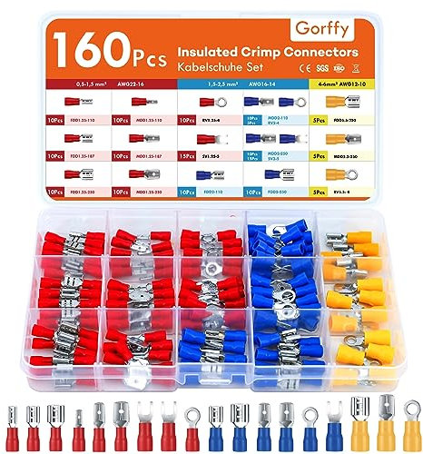 Gorffy Spade Connectors 160 Pcs, Auto Electrical Connectors 0.5-6.0mm², Insulated Wire Connectors Crimp, Assorted Male and Female Spade Connectors 12V, Fork & Ring Crimp Connectors