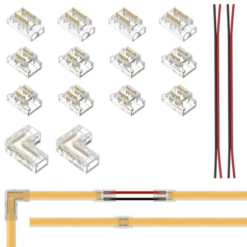 FCOB COB 2pin 5mm Connector Kit 12pcs Transparent Connector 2pcs L-Shaped Connector 4pcs 15cm langes 20AWG Verlängerungskabel für spaltfreies Löten 2pin Einfarbiger Streifen Eckverbindung