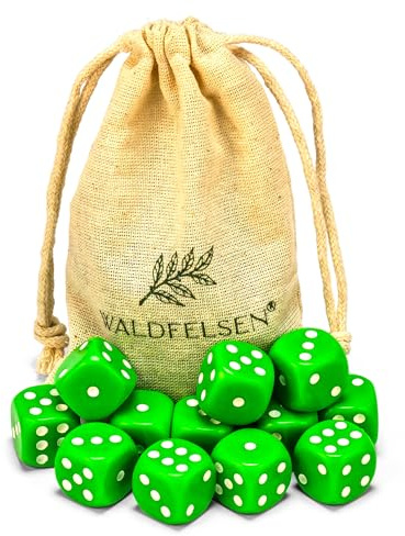 Waldfelsen 6, 12, 20, 30 oder 50 hochqualitative Würfel Standardgröße 16 mm Acrylwürfel Knobel Spielwürfel Dice 6-seitig sechsseitig Spielzubehör Set mit Stoffbeutel (Grasgrün, 12 Stück)