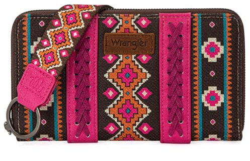 Wrangler Geldbörse für Damen, Western-Aztekenmuster, Clutch, Handgelenk, Geldbörse mit Kreditkartenfach, Knallpink (Hot Pink), Trendy