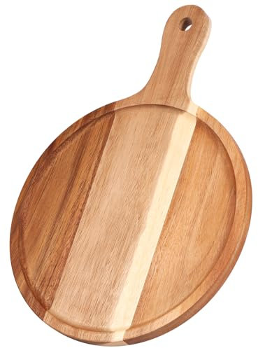 Pizzateller aus reinem Holz, 38 cm, Pizzateller, rund, rechteckig, mit Griff gegen Verbrennungen, Schneidebrett, rund, Holz, glatte Textur, Familie, Treffen, für Pizza, Steak, Brot, Kuchen (rund)