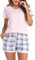 Litherday Schlafanzug Damen Kurzarm Sommer Shorty Pyjama Set aus Baumwolle Zweiteilig mit Karierten Shorts V-Ausschnitt Elastischer Bund & Loungewear,Rosa Kariert,XL