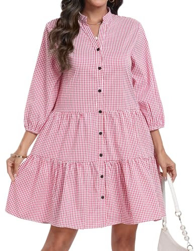 DEARCASE Femmes Chemise d'été Robes Casual Col V Bouton Bas Manches 3/4 Plaid Lâches Flowy Mini Robe, X-Large Red