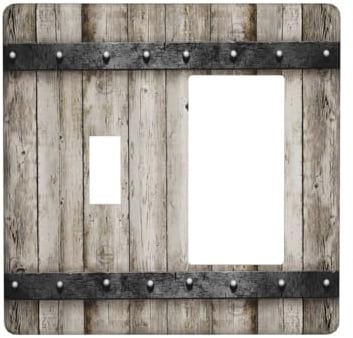 2-Gang-Kombi-Gerät, 1 Kippschalter, 1 Dekorator/GFCI-Steckdose, Lichtschalter-Abdeckung, Western-Scheune, rustikal, Vintage, grau, Holzhütte, Retro, Metalltextur, Kombi, 2-Gang-Kombination