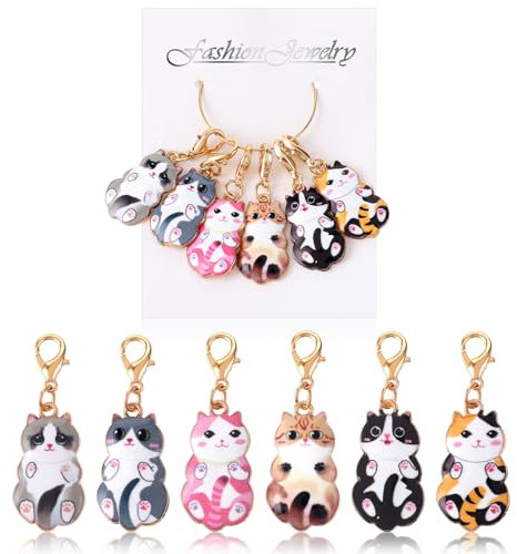 6 Stück Katze Maschenmarkierer, Email legierung Häkel Charms Multifunktional Strickanhänger Abnehmbarer Karabinerverschluss Süße Stichmarkierer Weben Nähen Zubehör zum Stricken Weben Handarbeiten