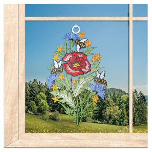 atelier alles-Spitze Luftspitze-Fensterbild Mohnblume mit Bienen | Gestickte Fensterdekoration aus Vogtländischer Spitze | BxH 16 x 27 cm