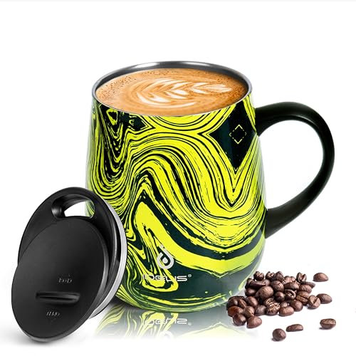 Ideus® Kaffeebecher 470 ml (16 oz), doppelwandige vakuumisolierte Kaffee- und Teetasse aus Edelstahl mit rutschfestem Griff und Schiebemoduldeckel und großem Volumen (Goldenes Totem)