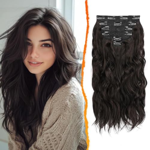 BARSDAR Clip in Haare Extensions Braun, 40CM Wellige Clip in Haarverlängerungen Für Frauen 6PCs Dickes Natürliches Weiches Synthetisches Extensions Haarteile - Dunkel Braun