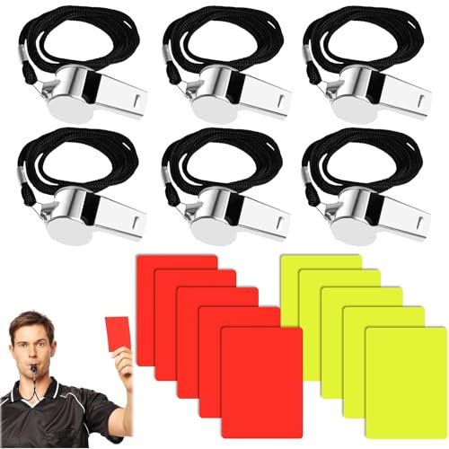 Schiedsrichter Karten Fußball Set, Schiedsrichter Pfeife Schiedsrichter Set Fußball 6 Edelstahl Sportpfeifen Schiedsrichter mit Schlüsselband 12 Gelbe Rote Karte FußBall für Trainer FußBallspiel