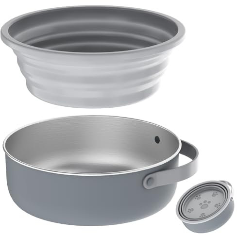 Hundenapf Faltbar 304 Schüssel aus Edelstahl Integrierter Reisenapf, Tragbare Silikon Fressnapf Tragbar Wasserschüssel, Hundeschüssel für Reise Spaziergänge Zwinger Camping 1200ml-Grau
