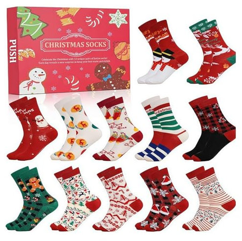 Socken Adventskalender 2024 für Damen Herren, 12 Paar Weiche Baumwolle Weihnachtssocken Countdown Kalender 2024,24 Tage Weihnachten Adventskalender mit Weihnachtsmotiven Socken für Erwachsene