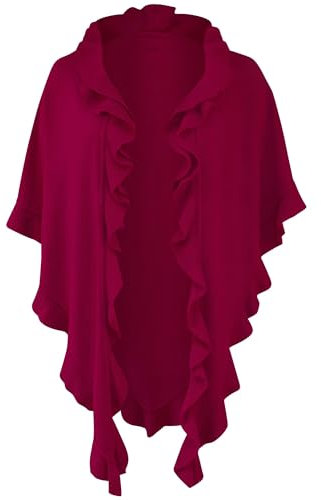 Poncho Cape Trachtentuch Umhang Stola Schultertuch Trachten-Tuch Damen Strickponcho Tracht Strick Trachtenponcho gestrickt Überwurf Volants Rüschen Schal Cashmink, Farbe:weinrot