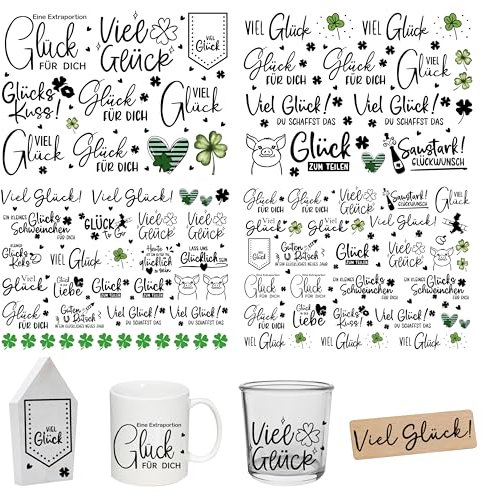 FloraVigo Rub On Sticker ca.A5 19x14cm-Spruch Deko zum Geburtstag, Keraflott, Hochzeit, Zuhause, Wischfolie für Möbel, Glas, Holz, Fotoalbum, DIY Deko, Aufkleberästhetik(4PCS) (VIEL GLÜCK)