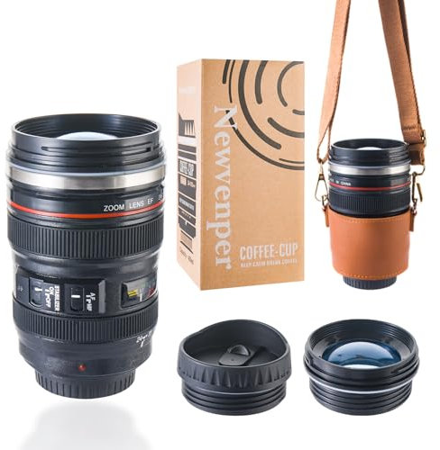 Kameraobjektiv Kaffeebecher, Kameratasse,Objektiv Isolierter Reisekaffeebecher aus 304 Edelstahl, Frei von BPA, Auslaufsicher, mit 2 Deckeln, für heiße und kalte Getränke Kaffee, Tee und Bier, 400ml
