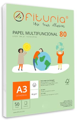 Packung mit 50 weißen DIN A3 Blättern, 80g Druckerpapier. Multifunktionales Kopierpapier für Schule und Büro. Ideal für Laserdrucker, Tintenstrahldrucker oder Kopierer – Ofituria
