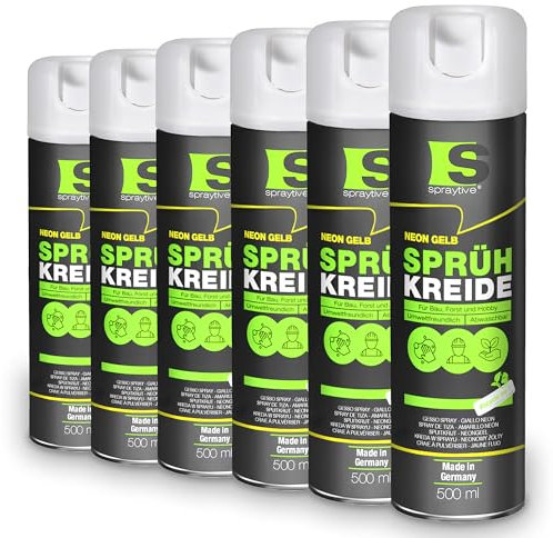 Spraytive 6 x 500 ml de craie aérosol jaune fluo – Peinture à la craie lumineuse lavable – Peinture à la craie d'extérieur – Marqueur temporaire – Spray de peinture pour asphalte