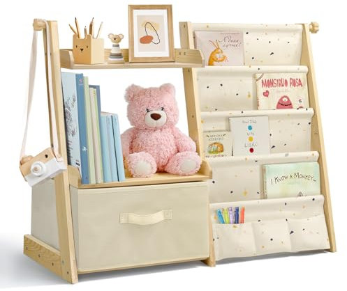 wooshwa Bücherregal Kinder Kinderzimmer Spielzeug Aufbewahrung mit 4 Regalebenen & Aufbewahrungsbox, Kinderregal Kinder Bücherregal für Regal kinderzimmer Spielzeug-Organizer - Terrazzo